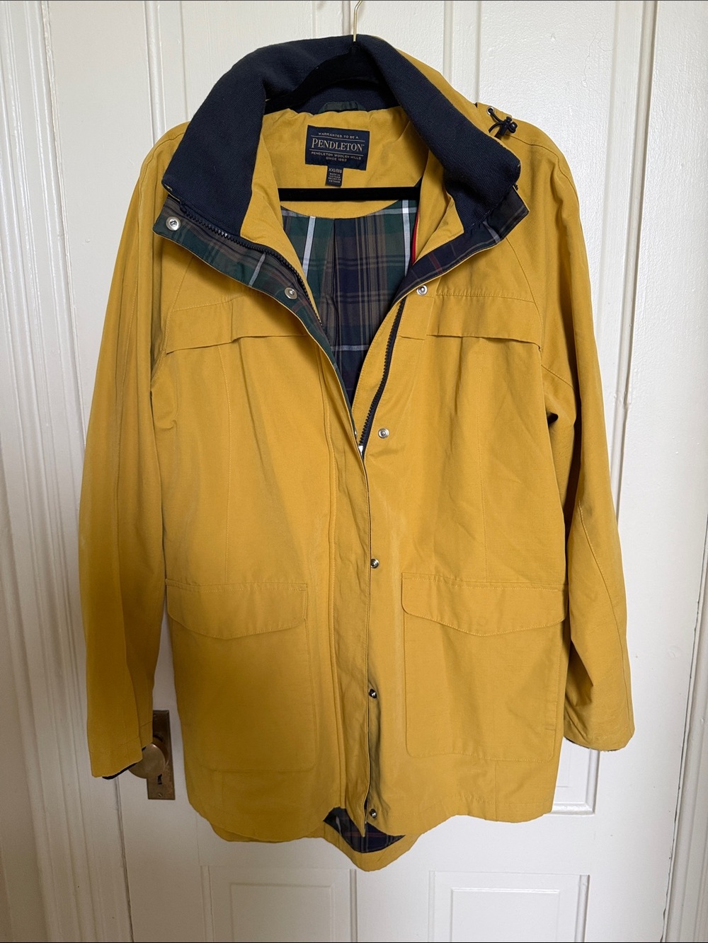 Pendleton Women’s Mustard Yellow Raincoat with Navy Plaid Trim